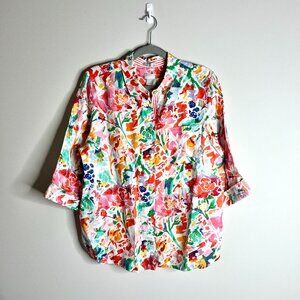 Chico's No-Iron Chic Stretch 100% Linen Floral Button-Up Vacation Colorful Sz L